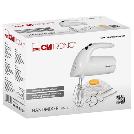Clatronic elektrischer Handmixer | 250 Watt Motor | 5 Geschwindigkeitsstufen | Auswurftaste | robuste Edelstahlquirle und -knethaken | Spülmaschinengeeignet | HM 3014 weiß