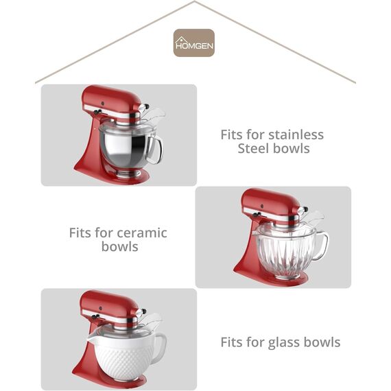 HOMGEN Ausgießschutz für KitchenAid Ausgießschutz Secure Fit Medium Mixer-Schüsseln Spülmaschinenfest Spritzschutz für 6-Quart-Schüsseln aus Edelstahl, Glas und Keramik mit Reinigungsbürste