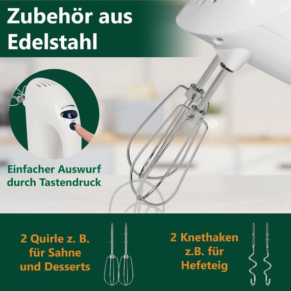 Clatronic elektrischer Handmixer | 250 Watt Motor | 5 Geschwindigkeitsstufen | Auswurftaste | robuste Edelstahlquirle und -knethaken | Spülmaschinengeeignet | HM 3014 weiß
