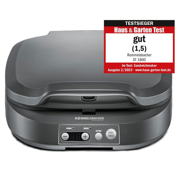 ROMMELSBACHER Sandwich Maker ST 1800, 4 XL-Sandwiches, Antihaftbeschichtung, 15 Minuten Zeitschaltuhr, automatische Abschaltung, Cool Touch Gehäuse, 1800 Watt, schiefergrau