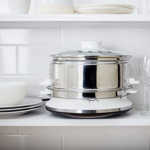 Tefal Dampfgarer elektrisch, 2 Edelstahlbehälter, 6L Fassungsvermögen, Dampfkocher mit 24cm Durchmesser, Timer und automatische Abschaltung, 900W, weiß, VC1451