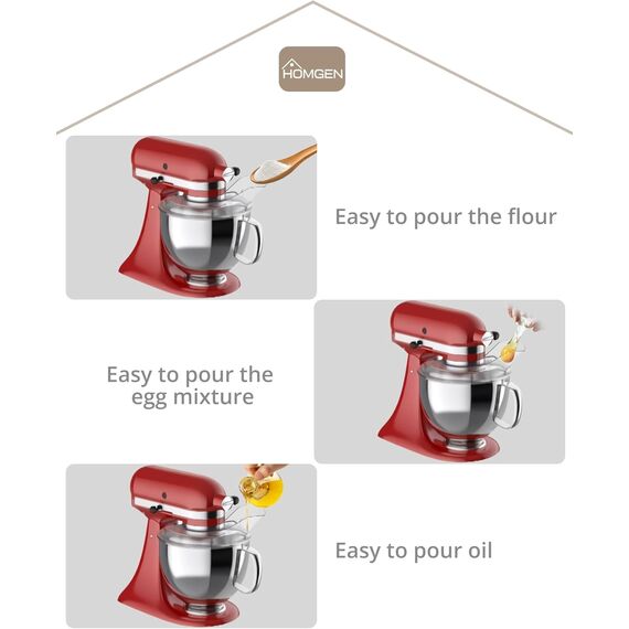 HOMGEN Ausgießschutz für KitchenAid Ausgießschutz Secure Fit Medium Mixer-Schüsseln Spülmaschinenfest Spritzschutz für 6-Quart-Schüsseln aus Edelstahl, Glas und Keramik mit Reinigungsbürste