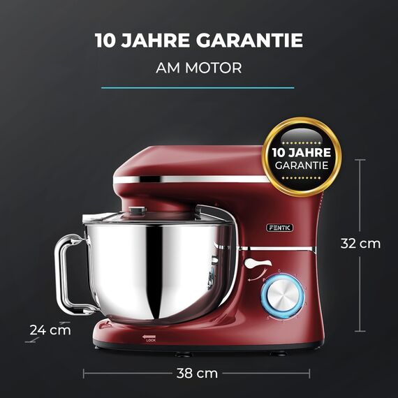 Fentic Küchenmaschine - 2000W - Edelstahl Rührschüssel (6,2 L) - Küchenmixer mit Rührhaken, Knethaken, Schlagbesen und Spritzschutz - Inkl. zusätzlichem Zubehör (Rot)