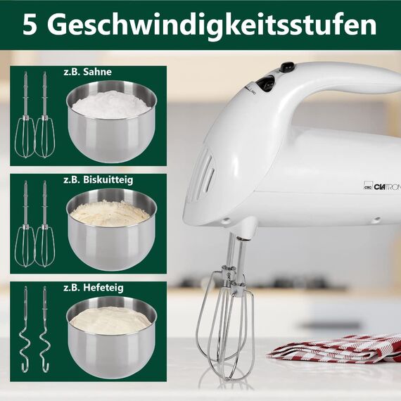 Clatronic elektrischer Handmixer | 250 Watt Motor | 5 Geschwindigkeitsstufen | Auswurftaste | robuste Edelstahlquirle und -knethaken | Spülmaschinengeeignet | HM 3014 weiß