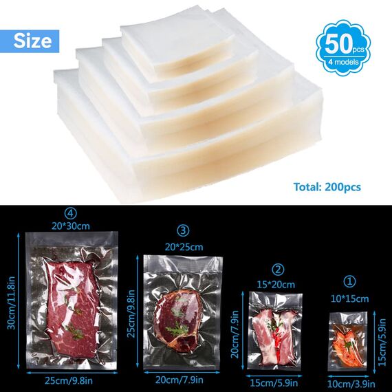 200 Stück Vakuumierbeutel 10x15/15x20/20x25/20x30, Gefrierbeutel, Sous Vide Beutel, BPA-Frei, Eingeprägte Luftrillen, für alle Vakuumierer & Lebensmittel Vakuumiergerät, für Gemüse, Fleisch etc