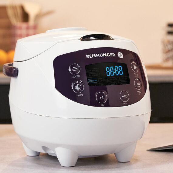 REISHUNGER Digitaler Reiskocher klein, weiß | 0,6 L bis 3 Personen | Warmhaltefunktion, Timer & Premium Topf | Kleiner Multikocher & Dampfgarer, 8 Programme, 7-Phasen-Technologie
