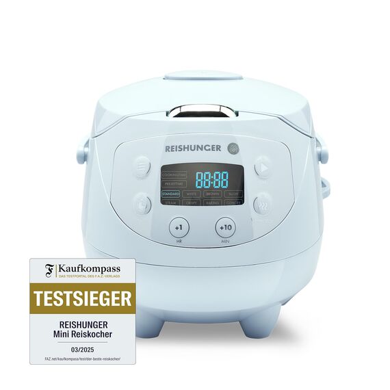 REISHUNGER Digitaler Reiskocher klein, hellblau | 0,6 L bis 3 Personen | Warmhaltefunktion, Timer & Premium Topf | Kleiner Multikocher & Dampfgarer, 8 Programme, 7-Phasen-Technologie
