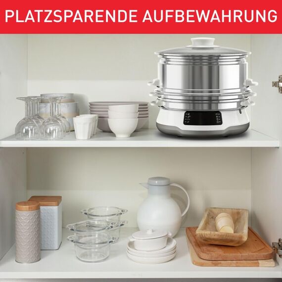 Tefal Convenient Series Deluxe Dampfgarer, einfacher Touchscreen, 8 Programme, Garen auf 3 Ebenen, Behälter aus Edelstahl, langlebige Qualität, gesunde Zubereitung, Edelstahl/weiß, VC502D