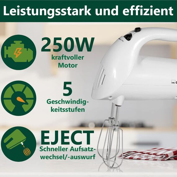 Clatronic elektrischer Handmixer | 250 Watt Motor | 5 Geschwindigkeitsstufen | Auswurftaste | robuste Edelstahlquirle und -knethaken | Spülmaschinengeeignet | HM 3014 weiß