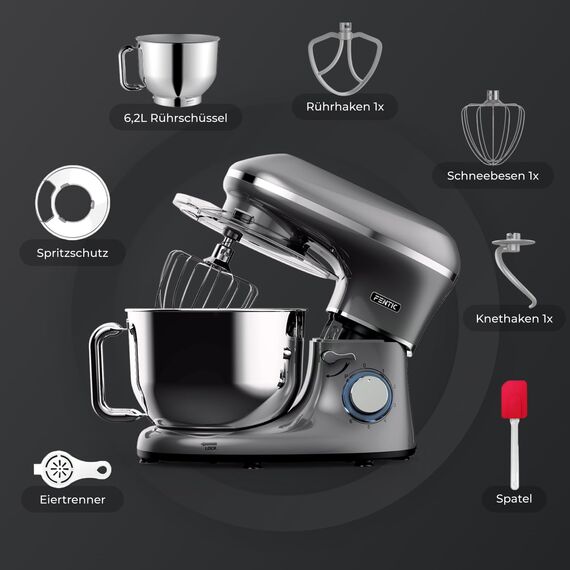 Fentic Küchenmaschine - 2000W - Edelstahl Rührschüssel (6,2 L) - Knetmaschine mit Rührhaken, Knethaken, Schlagbesen und Spritzschutz - Inkl. zusätzlichem Zubehör - Anthrazit