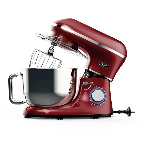 Fentic Küchenmaschine - 2000W - Edelstahl Rührschüssel (6,2 L) - Küchenmixer mit Rührhaken, Knethaken, Schlagbesen und Spritzschutz - Inkl. zusätzlichem Zubehör (Rot)