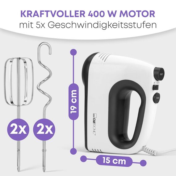 Clatronic Mixer | kraftvoller 400 Watt-Motor | Handmixer | Turbostufe & 5 Geschwindigkeitsstufen | Handrührgerät | spülmaschinengeeignete Edelstahlquirle und -knethaken | HM 3775