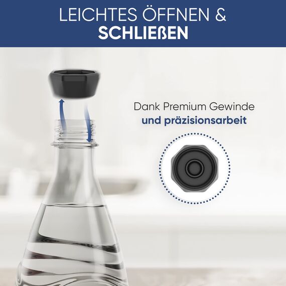 Sodaquip® Deckel für Sodastream Glasflaschen Crystal & Penguin aus Premium Kunststoff - 3x moderne Deckel für Sodastream Glasflasche - Ersatzdeckel, Verschluss, Flaschendeckel (3x Schwarz)