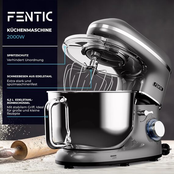 Fentic Küchenmaschine - 2000W - Edelstahl Rührschüssel (6,2 L) - Knetmaschine mit Rührhaken, Knethaken, Schlagbesen und Spritzschutz - Inkl. zusätzlichem Zubehör - Anthrazit
