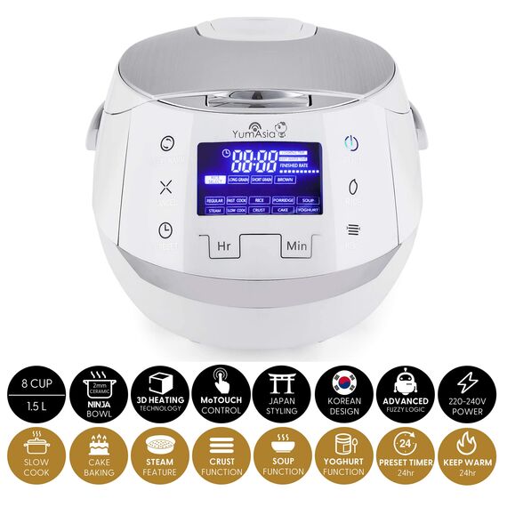 Yum Asia Sakura Reiskocher mit Keramikschale und Advanced Fuzzy Logic (8 Tassen, 1,5 Liter), 6 Reiskochfunktionen, 6 Multikocherfunktionen, Motouch LED-Display, 220-240V EU (weiß und silber)