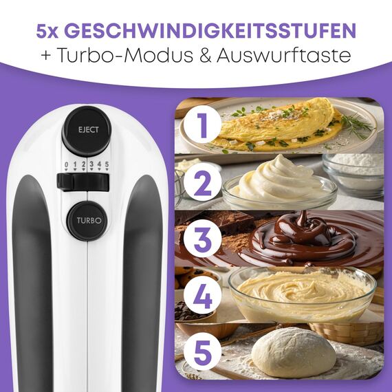 Clatronic Mixer | kraftvoller 400 Watt-Motor | Handmixer | Turbostufe & 5 Geschwindigkeitsstufen | Handrührgerät | spülmaschinengeeignete Edelstahlquirle und -knethaken | HM 3775