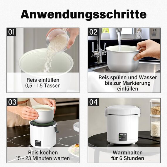 Reiskocher klein & Bento-Box für 1-2 Personen,（0.3 liter, 1,5 Tassen), Mini Rice Cooker mit abnehmbarem Topf mit Antihaftbeschichtung, One Touch & Warmhaltefunktion, 200 Watt (Schwarz)
