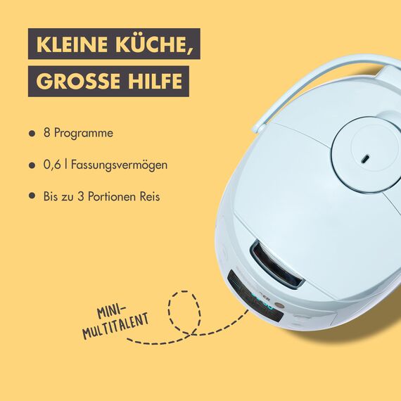 REISHUNGER Digitaler Reiskocher klein, hellblau | 0,6 L bis 3 Personen | Warmhaltefunktion, Timer & Premium Topf | Kleiner Multikocher & Dampfgarer, 8 Programme, 7-Phasen-Technologie