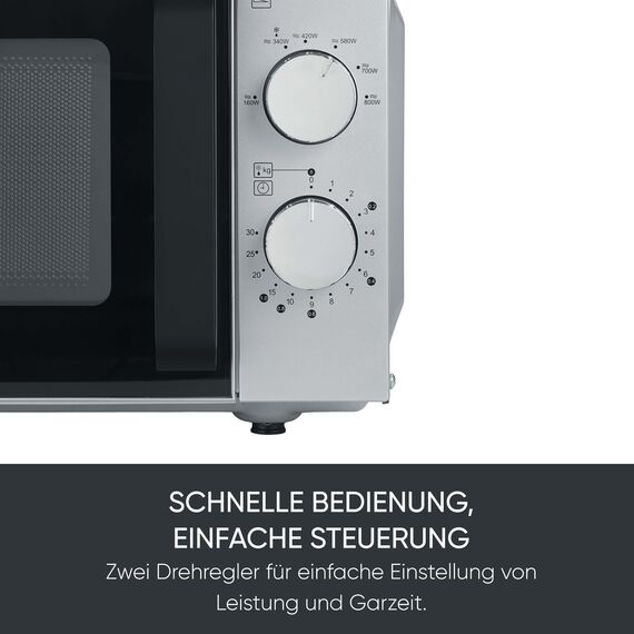 SEVERIN Solo-Mikrowelle mit Glasboden, ohne Drehteller, gleichmäßige Erwärmung, mit 6 Leistungsstufen, zwei Drehregler, 20 L, 800 Watt, matt/schwarz/Edelstahl, MW 9184