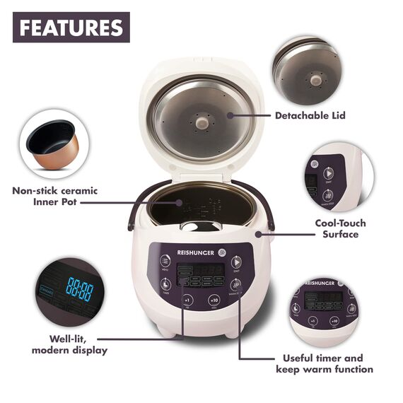 REISHUNGER Digitaler Reiskocher klein, weiß | 0,6 L bis 3 Personen | Warmhaltefunktion, Timer & Premium Topf | Kleiner Multikocher & Dampfgarer, 8 Programme, 7-Phasen-Technologie