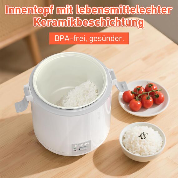 Macook Reiskocher Klein mit Keramik-Innentopf – für 1-2 Personen, (0.3 Liter, 1,5 Tassen), PFOA-frei, Ein-Knopf-Kochen & Warmhaltefunktion, inklusive Messbecher und Löffel, CFXB08-2
