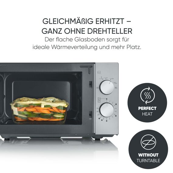 SEVERIN Solo-Mikrowelle mit Glasboden, ohne Drehteller, gleichmäßige Erwärmung, mit 6 Leistungsstufen, zwei Drehregler, 20 L, 800 Watt, matt/schwarz/Edelstahl, MW 9184