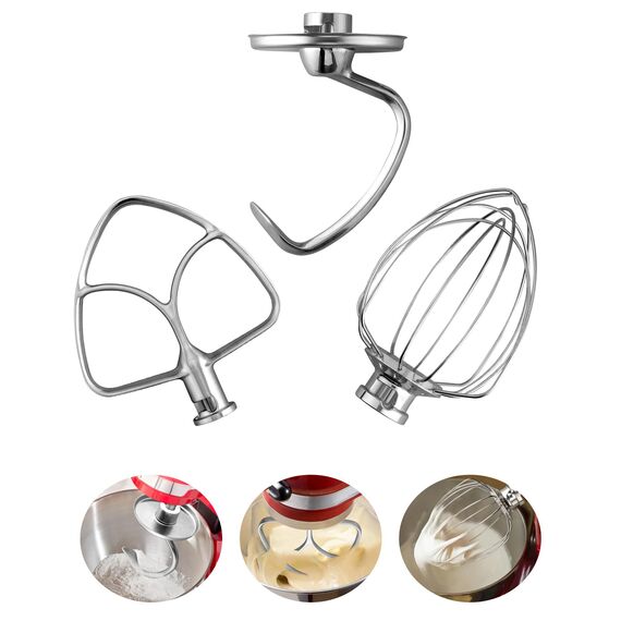 HOMGEN 3 stück Mixeraufsätze für KitchenAid Standmixer 4.5-5 QT – Edelstahl Kitchenaid Mixer-Zubehör aus Stahl enthalten K45WW Schneebesen, K45DH Knethaken, K45B Flachrührer