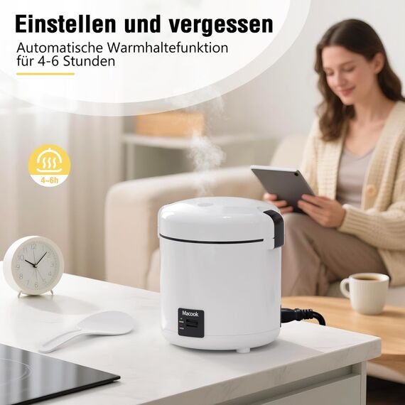 Reiskocher klein & Bento-Box für 1-2 Personen,（0.3 liter, 1,5 Tassen), Mini Rice Cooker mit abnehmbarem Topf mit Antihaftbeschichtung, One Touch & Warmhaltefunktion, 200 Watt (Schwarz)