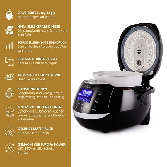 Yum Asia Sakura Reiskocher mit Keramikschale und Advanced Fuzzy Logic (8 Tassen, 1,5 Liter), 6 Reiskochfunktionen, 6 Multikocherfunktionen, Motouch LED-Display, 220-240V EU (schwarz und silber)