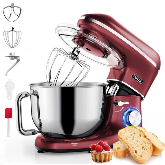 Fentic Küchenmaschine - 2000W - Edelstahl Rührschüssel (6,2 L) - Küchenmixer mit Rührhaken, Knethaken, Schlagbesen und Spritzschutz - Inkl. zusätzlichem Zubehör (Rot)