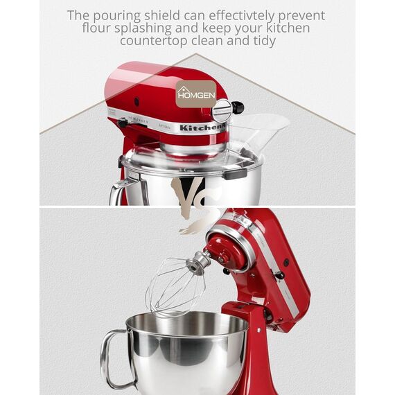 HOMGEN Ausgießschutz für KitchenAid Ausgießschutz Secure Fit Medium Mixer-Schüsseln Spülmaschinenfest Spritzschutz für 6-Quart-Schüsseln aus Edelstahl, Glas und Keramik mit Reinigungsbürste