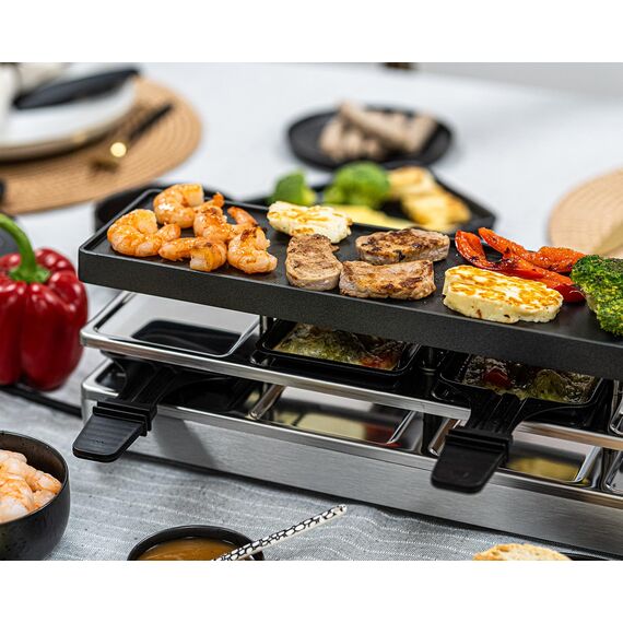 ROMMELSBACHER RC 800 Raclette-Grill fun for 4 (Tischgrill, für 4 Personen, erweiterbar, Parkdeck, Alu-Druckguss-Grillplatte mit Xylan Plus Antihaftbeschichtung, 730 W) silber