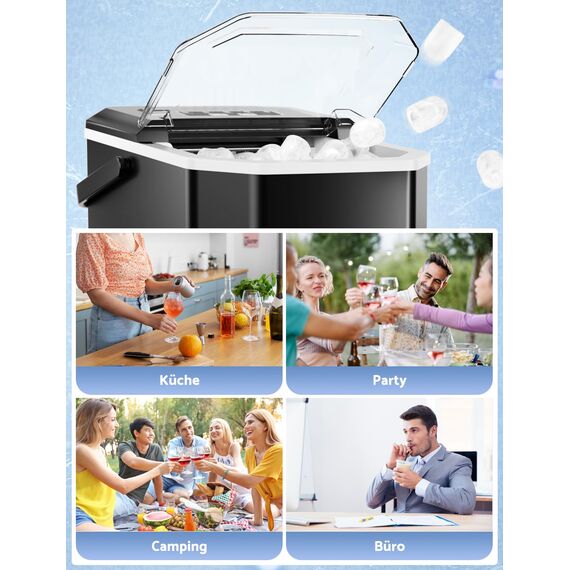 Eiswürfelmaschine, 12 kg in 24 Stunden, 9 Eiswürfel in 6 – 8 Minuten, Eiswürfelmaschine mit umkehrbarem Eislöffel und Tragegriff, für Zuhause/Küche/Camping