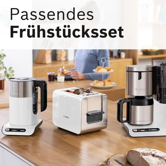 Bosch kabelloser Wasserkocher TWK8611P, Abschaltautomatik, Überhitzungsschutz, Temperaturwahl, Warmhaltefunktion, 1,5 L, 2400 W, weiß