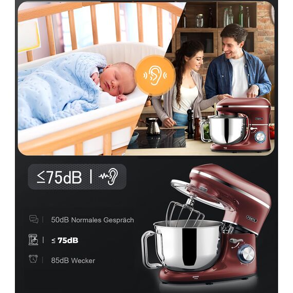 Fentic Küchenmaschine - 2000W - Edelstahl Rührschüssel (6,2 L) - Küchenmixer mit Rührhaken, Knethaken, Schlagbesen und Spritzschutz - Inkl. zusätzlichem Zubehör (Rot)