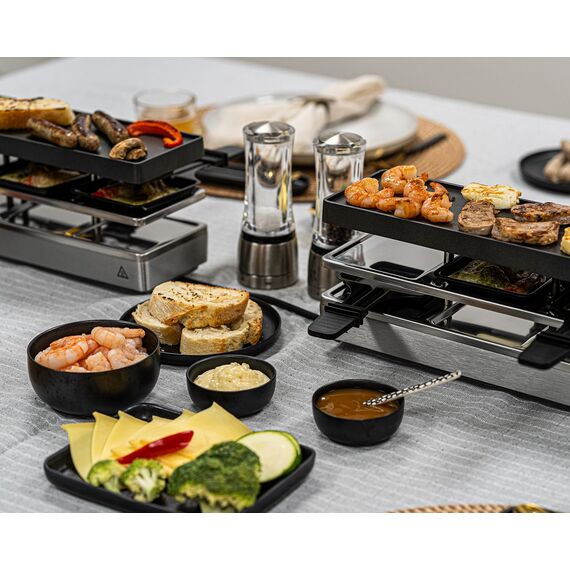 ROMMELSBACHER RC 800 Raclette-Grill fun for 4 (Tischgrill, für 4 Personen, erweiterbar, Parkdeck, Alu-Druckguss-Grillplatte mit Xylan Plus Antihaftbeschichtung, 730 W) silber