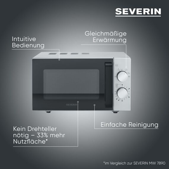 SEVERIN Solo-Mikrowelle mit Glasboden, ohne Drehteller, gleichmäßige Erwärmung, mit 6 Leistungsstufen, zwei Drehregler, 20 L, 800 Watt, matt/schwarz/Edelstahl, MW 9184