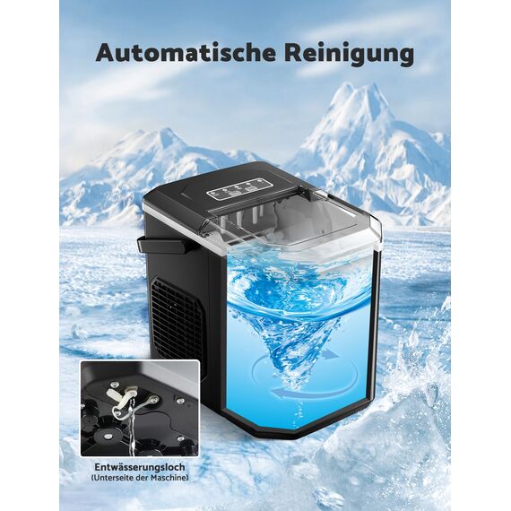 Eiswürfelmaschine, 12 kg in 24 Stunden, 9 Eiswürfel in 6 – 8 Minuten, Eiswürfelmaschine mit umkehrbarem Eislöffel und Tragegriff, für Zuhause/Küche/Camping