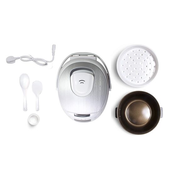 Yum Asia Sakura Reiskocher mit Keramikschale und Advanced Fuzzy Logic (8 Tassen, 1,5 Liter), 6 Reiskochfunktionen, 6 Multikocherfunktionen, Motouch LED-Display, 220-240V EU (weiß und silber)