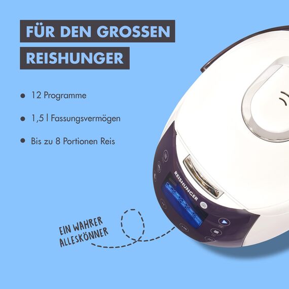REISHUNGER Digitaler Reiskocher & Dampfgarer Weiß | 1,5 L bis 8 Personen | Warmhaltefunktion, Timer & Premium Innentopf | Multikocher, 12 Programme, 7-Phasen-Technologie