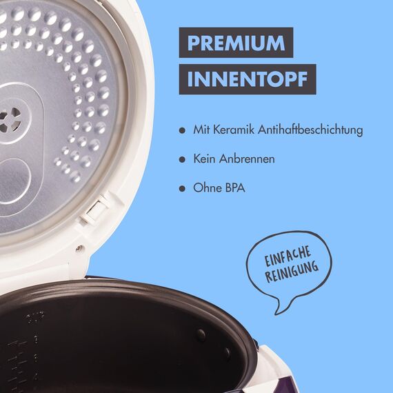 REISHUNGER Digitaler Reiskocher & Dampfgarer Weiß | 1,5 L bis 8 Personen | Warmhaltefunktion, Timer & Premium Innentopf | Multikocher, 12 Programme, 7-Phasen-Technologie