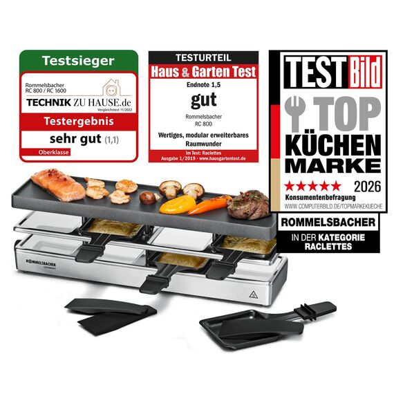 ROMMELSBACHER RC 800 Raclette-Grill fun for 4 (Tischgrill, für 4 Personen, erweiterbar, Parkdeck, Alu-Druckguss-Grillplatte mit Xylan Plus Antihaftbeschichtung, 730 W) silber