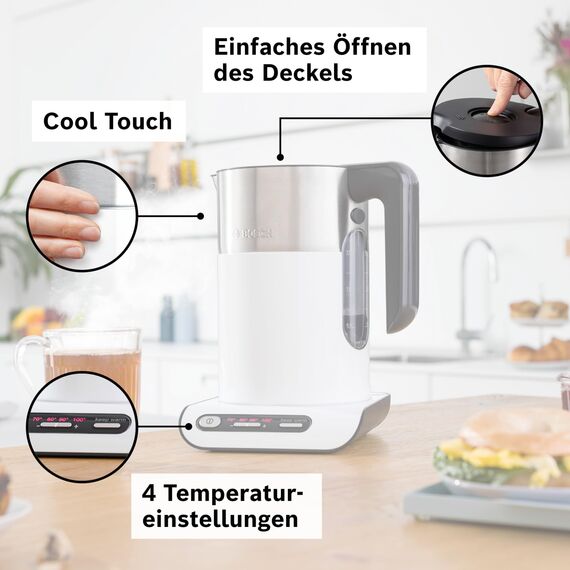 Bosch kabelloser Wasserkocher TWK8611P, Abschaltautomatik, Überhitzungsschutz, Temperaturwahl, Warmhaltefunktion, 1,5 L, 2400 W, weiß