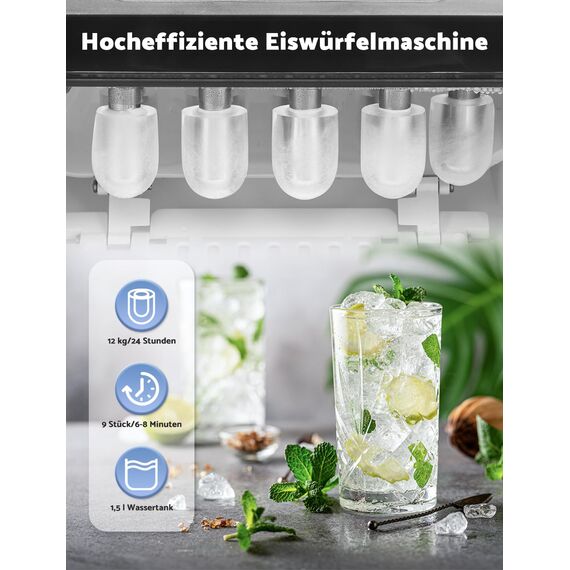 Eiswürfelmaschine, 12 kg in 24 Stunden, 9 Eiswürfel in 6 – 8 Minuten, Eiswürfelmaschine mit umkehrbarem Eislöffel und Tragegriff, für Zuhause/Küche/Camping