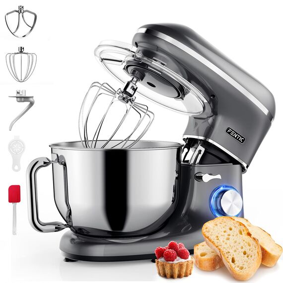 Fentic Küchenmaschine - 2000W - Edelstahl Rührschüssel (6,2 L) - Knetmaschine mit Rührhaken, Knethaken, Schlagbesen und Spritzschutz - Inkl. zusätzlichem Zubehör - Anthrazit