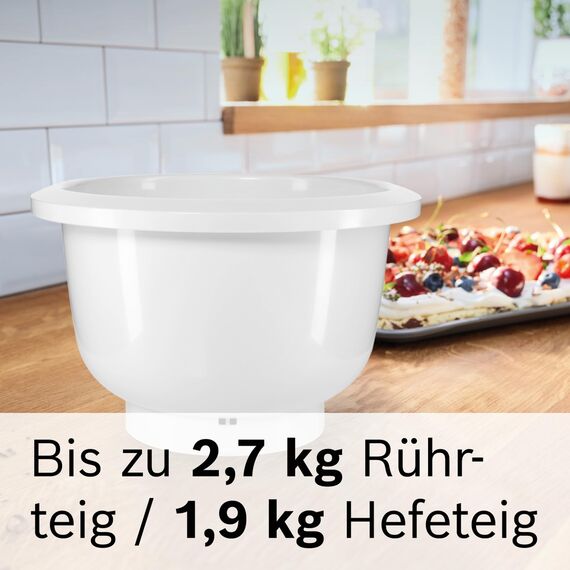 Bosch Kunststoff-Rührschüssel MUZ5KR1, Zubehör passend für Küchenmaschine Serie 4, 3,9 Liter, max. Teigmenge 2,7 kg, bpa-frei, spülmaschinenfest, weiß
