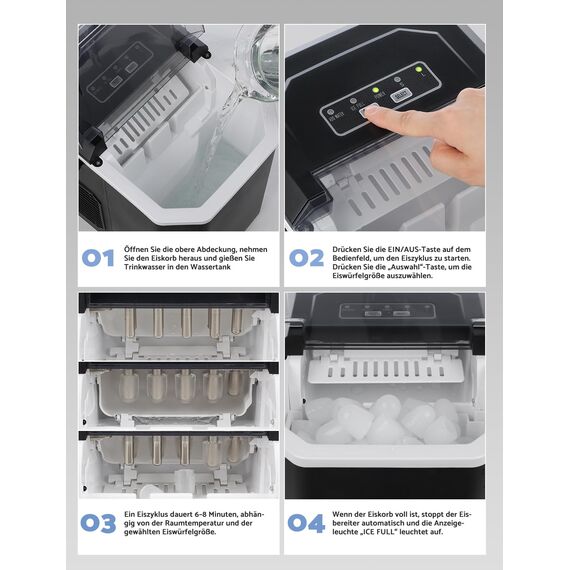 Eiswürfelmaschine, 12 kg in 24 Stunden, 9 Eiswürfel in 6 – 8 Minuten, Eiswürfelmaschine mit umkehrbarem Eislöffel und Tragegriff, für Zuhause/Küche/Camping