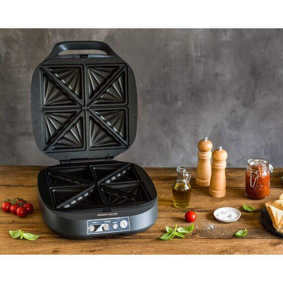 ROMMELSBACHER Sandwich Maker ST 1800, 4 XL-Sandwiches, Antihaftbeschichtung, 15 Minuten Zeitschaltuhr, automatische Abschaltung, Cool Touch Gehäuse, 1800 Watt, schiefergrau