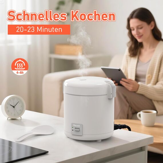 Macook Reiskocher Klein mit Keramik-Innentopf – für 1-2 Personen, (0.3 Liter, 1,5 Tassen), PFOA-frei, Ein-Knopf-Kochen & Warmhaltefunktion, inklusive Messbecher und Löffel, CFXB08-2