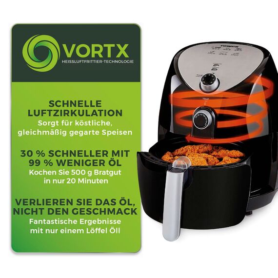 Tower T17021 Heißluftfritteuse für die Ganze Familie mit Schneller Luftzirkulation - 60-Minuten-Timer - Airfryer 4,3L 1500W - Schwarz